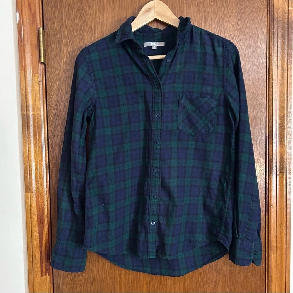 Uniqlo Flannel Plaid Button Down Shirt Green Blue XS